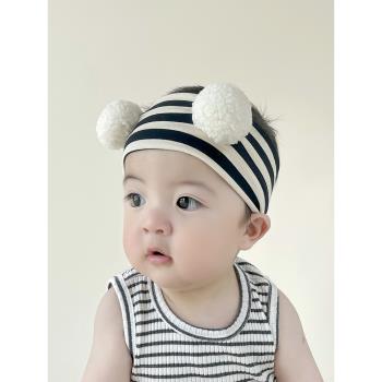嬰兒護頭囟門帽子夏季韓系條紋純棉發帶可愛新生男女寶寶遮腦門帽
