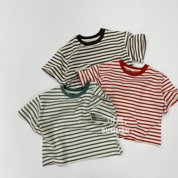清涼條紋~韓國兒童短袖T恤2023夏季新款男女童寶寶寬松休閑打底衫