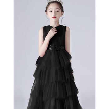 女童禮服裙小主持人公主裙大童輕奢鋼琴演奏演出服高階黑色晚禮服