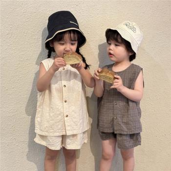 砂洗棉~日系韓范兒童夏季套裝男女童棉麻薄款寶寶背心+短褲兩件套