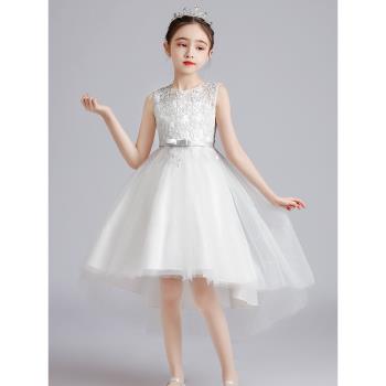 兒童白色禮服公主裙小主持人女童花童婚紗畢業走秀演出服連衣裙
