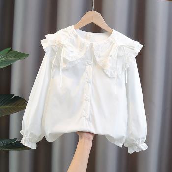 女童春秋季白色娃娃領襯衫2024兒童長袖襯衣洋氣大童時髦花邊上衣