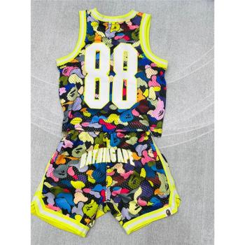 23夏季日系潮牌兒童男女寶寶猴子迷彩字母速干兒童運動籃球套裝