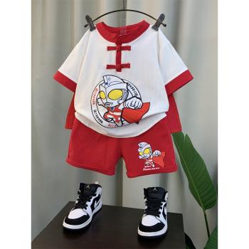 奧特曼衣服男童漢服套裝24新款寶寶夏裝改良唐裝兒童中國風演出服