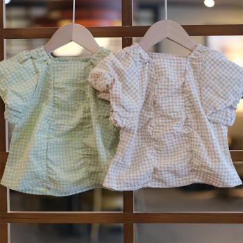 日本元~親子 純棉泡泡袖 可愛格子 女童 夏季新款 短袖襯衫寶寶