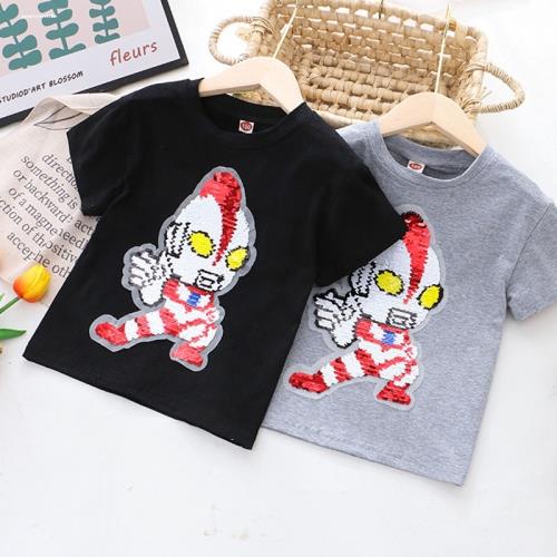 兒童亮片可變圖案衣服卡通變色雙面短袖T恤女男童愛莎奧特曼上衣