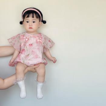 嬰兒夏季連體衣中國風碎花哈衣女寶寶薄款夏裝旗袍周歲洋氣包屁衣