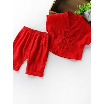 夏季漢服套裝男女寶寶抓周衣服嬰幼兒滿月百日周歲紅色禮服唐裝