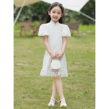 春秋中式國風白色高端女童旗袍