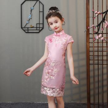 女童粉色蕾絲繡花洋氣表演服旗袍