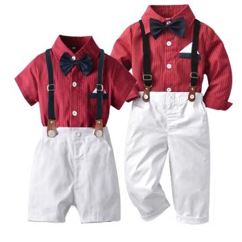 男童背帶套裝夏裝1-3歲寶寶周歲禮服2男小童紳士生日正裝紅色西裝