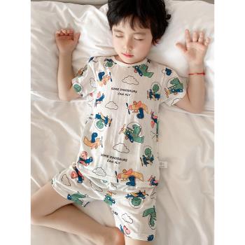 兒童睡衣短袖套裝家居服夏季薄款竹纖維透氣男童女童小孩空調服