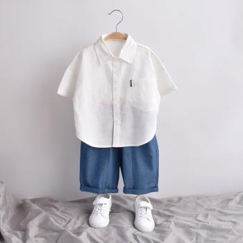 男童白色襯衫活動純棉短袖襯衣兒童寶寶上衣2023夏季新款夏裝童裝