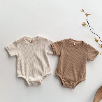 嬰兒夏季包屁衣ins韓版純色百搭三角哈衣0-3歲男女寶寶薄款連體衣