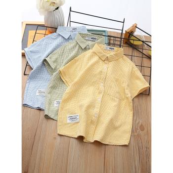 韓版兒童短袖襯衣純棉薄款中大童格子翻領上衣潮夏季童裝男童襯衫