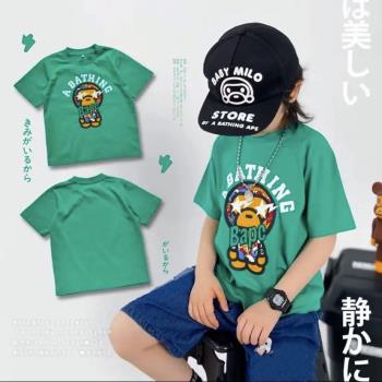 日系潮牌綠色卡通猴子短袖童裝