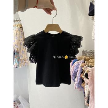韓版童裝女童甜美飛袖純色T恤夏季新款背心簡約蕾絲花邊袖上衣