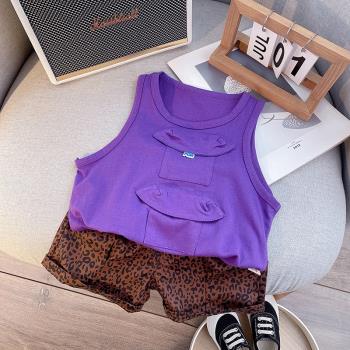 韓版洋氣男童夏裝套裝兒童帥時髦豹紋短褲寶寶百搭紫色背心兩件套