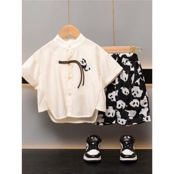兒童漢服男童夏裝中國風男寶寶周歲禮服熊貓棉麻套裝唐裝薄款古風