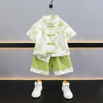 小男童夏裝中國風短袖花襯衫套裝2023新款兒童唐裝寶寶漢服兩件套