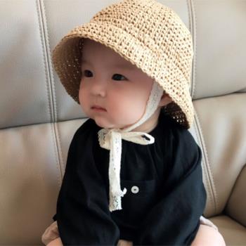 夏季兒童純色蕾絲防曬透氣草帽百搭凹造型寶寶漁夫帽子親子帽