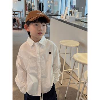 春秋裝韓國中小男寶寶童裝復古長袖白色刺繡字母襯衫男童經典襯衣