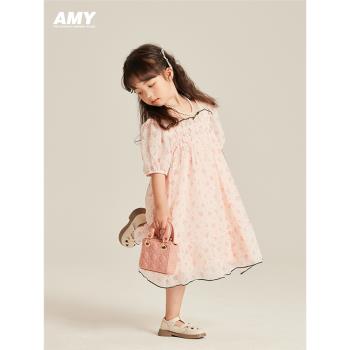 Amybaby女童連衣裙2023新款甜美氣質兒童碎花泡泡袖夏季公主裙
