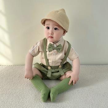 嬰兒套裝夏季兒童短袖包屁衣背帶褲韓版紳士男寶寶滿月周歲衣服