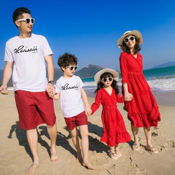 海邊度假親子裝一家三口四口夏季裝母子母女連衣裙洋氣沙灘裝炸街