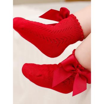 紅色嬰兒襪子夏季新生兒滿月百天周歲純棉薄款寶寶中筒春秋公主襪