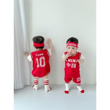 嬰兒紅色套裝夏季超洋氣女童純棉短袖運動球服男寶寶周歲禮服夏裝