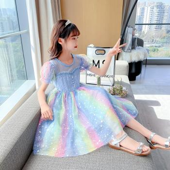 女童夏裝連衣裙2023新款彩虹裙子大童洋氣紗裙兒童夏季時髦公主裙