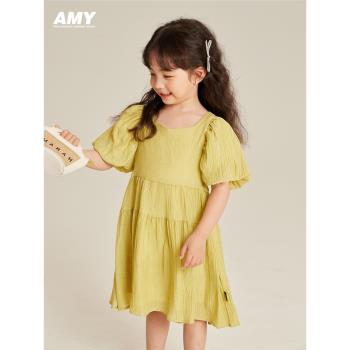 Amybaby女童連衣裙2023新款夏季氣質高級感兒童泡泡袖夏款公主裙