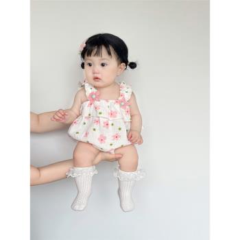 ins韓版夏季嬰兒小清新吊帶連體哈衣女寶寶薄款三角包屁衣爬服