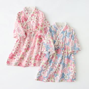 春夏秋純棉紗布女童長短袖睡裙日式和風櫻花和服兒童女孩漢服睡衣