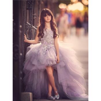 兒童紫色禮服新款女童花童婚紗蓬蓬拖尾公主裙女孩走秀演出表演服