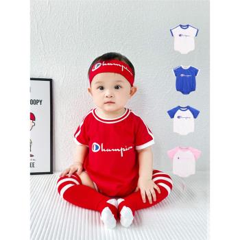 嬰兒多巴胺夏季連體衣百天拍照男寶寶周歲禮服滿月哈衣紅色純棉潮