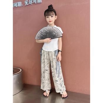 女童夏裝套裝2023新款中國風兒童夏季雪紡闊腿褲薄款冰絲褲兩件套