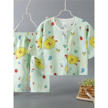 夏季6個月嬰兒綿綢空調家居服1歲男女寶寶棉綢睡衣兒童人造棉套裝