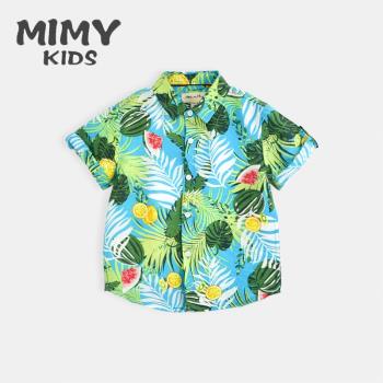 MIMY新款2023夏款短袖男童花襯衫薄款炸街海邊沙灘度假印花襯衣潮