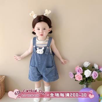 ins23夏季韓版嬰幼兒彩色針織背心+可愛兔子背帶褲女寶寶2件套裝