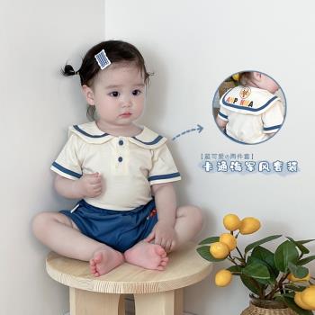 嬰兒夏裝卡通海軍領上衣短褲兩件套兒童可愛短袖套裝寶寶夏季衣服