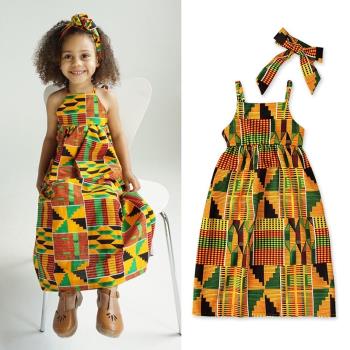 African kid clothes露肩綁帶裙子非洲波西米亞風格連衣裙童裝ins