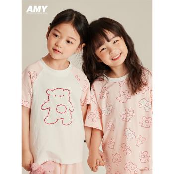 Amybaby女童家居服2023新款夏季兒童可愛卡通印花睡衣睡褲套裝
