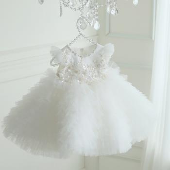 女童禮服兒童公主紗裙白色婚紗小女孩周歲生日花童婚禮禮服裙高端