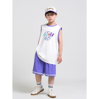 金小豆男童背心夏裝套裝薄兒童籃球服速干運動套裝大童小男孩衣服