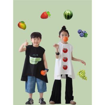 兒童夏季水果T恤男女童蔬菜印花短袖寬松上衣新款姐弟裝香蕉番茄