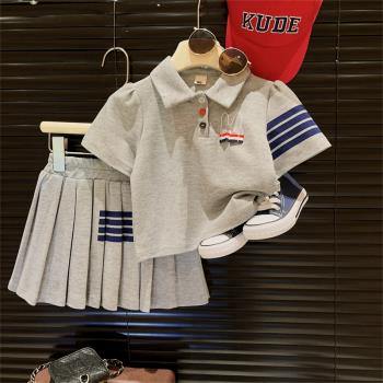 女童套裝2023夏裝新款韓版中小童時尚polo衫短裙學院風運動兩件套