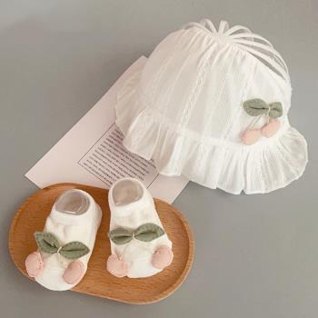 夏季寶寶護囟門帽子地板襪套裝薄款遮陽鹵門帽嬰兒襪甜美可愛空頂