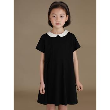 童裝夏季新款女童日系氣質娃娃領黑色短袖連衣裙公主裙洋氣